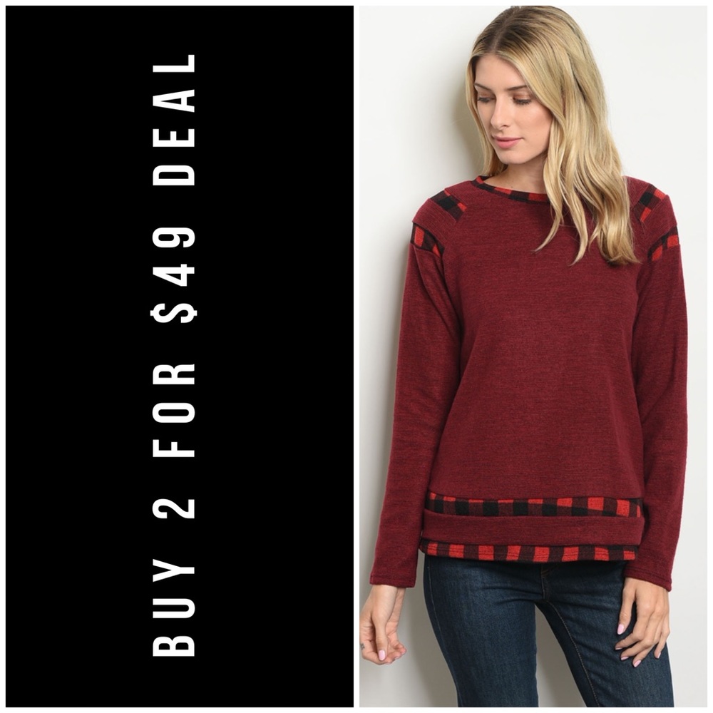 BURGUNDY PLAID SLUB KNIT TOP